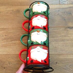 Gnome Mugs with Wire Rack 13 oz (SET OF 4) Holiday Time Christmas Stacking